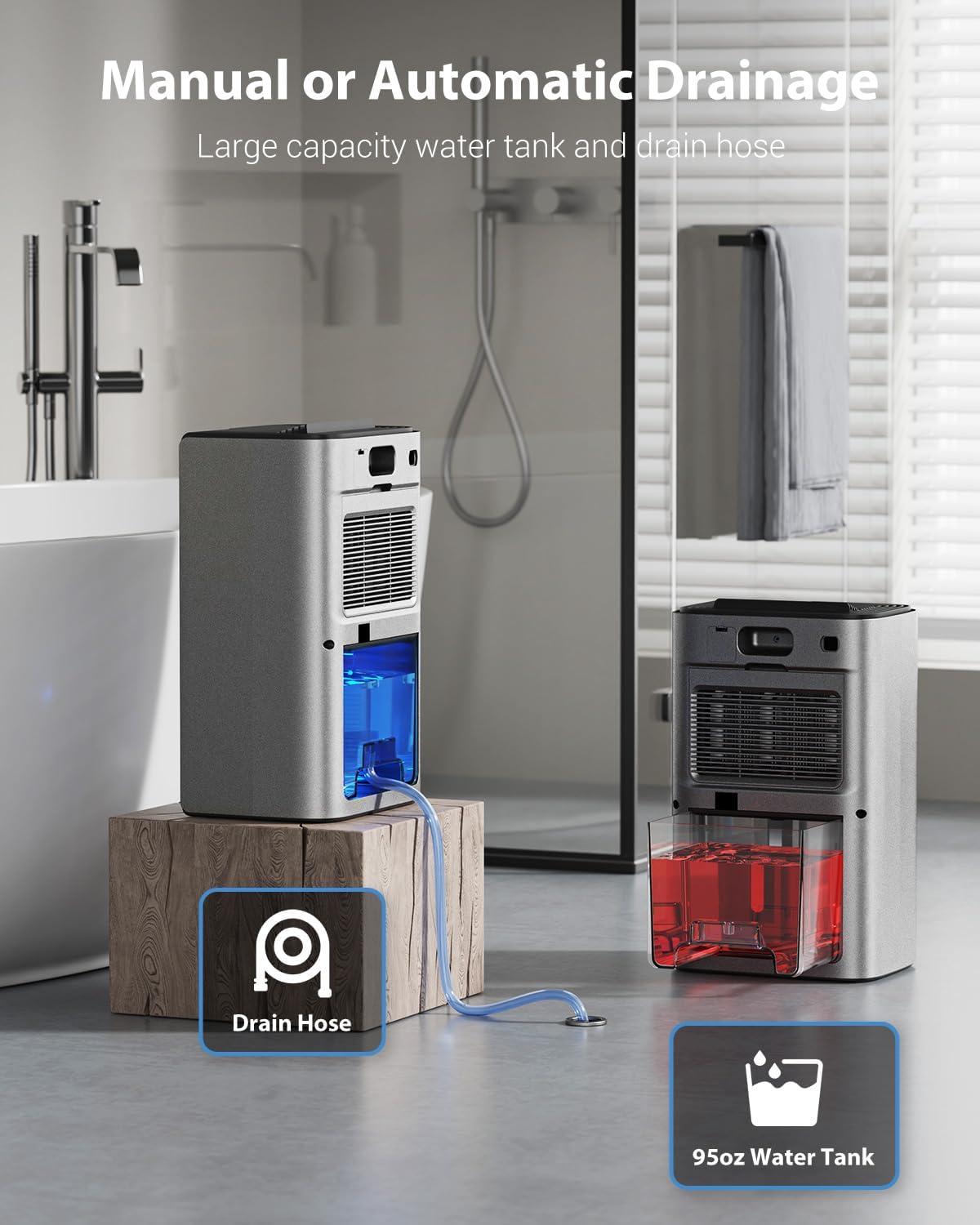 HOZNER Dehumidifiers for Home, 95OZ Dehumidifier with Drain Hose, 1000 Sq.ft Dehumidifier for Bedroom