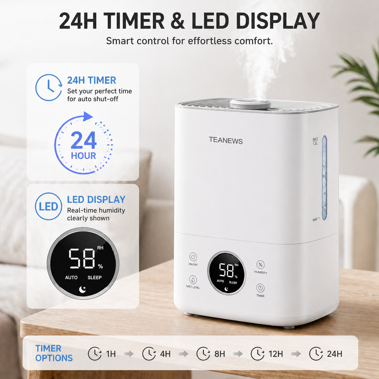 TEANEWS Humidifier for Bedroom, 1.2L Top Fill for Large Room, 24H Runtime, 28 dB Quiet Supersized Cool Mist Air Humidifier for Baby Nursery, Plants, Indoor, Night Light, Easy to Clean &amp; Fill, White