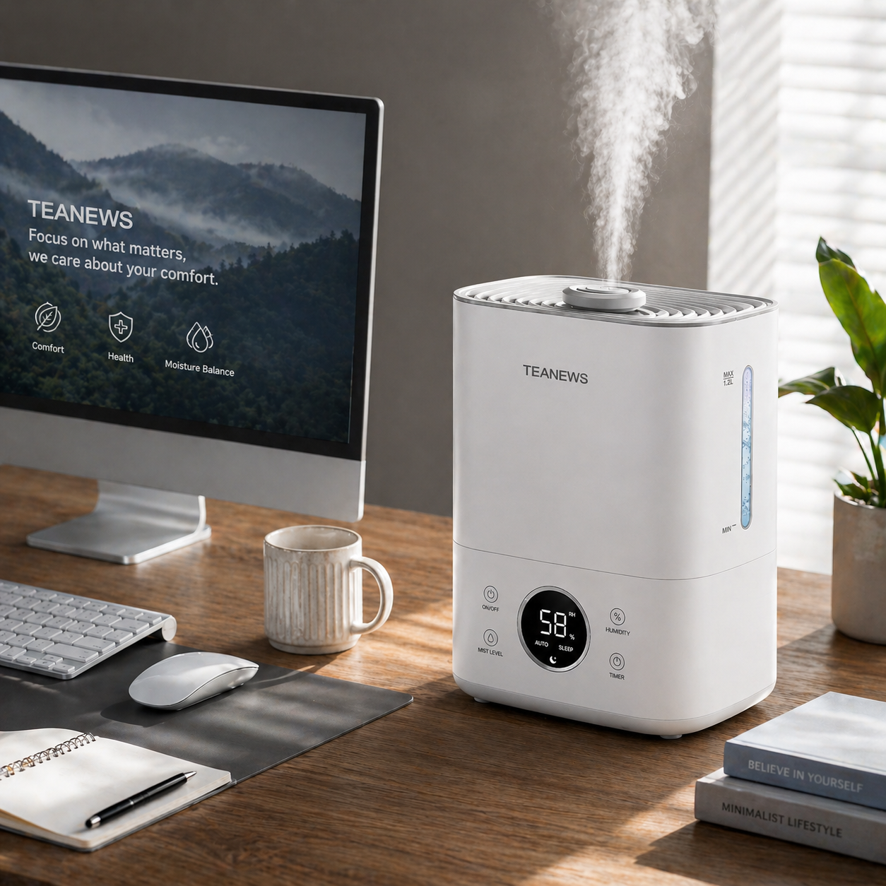 TEANEWS Humidifier for Bedroom, 1.2L Top Fill for Large Room, 24H Runtime, 28 dB Quiet Supersized Cool Mist Air Humidifier for Baby Nursery, Plants, Indoor, Night Light, Easy to Clean &amp; Fill, White